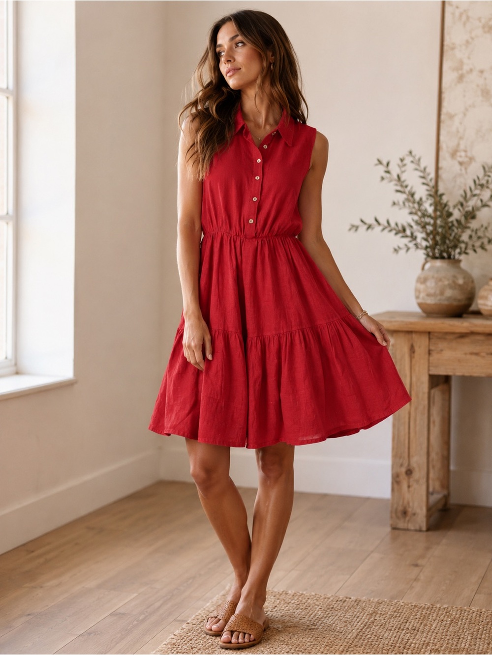 LE RAGAZZE Women's Large 100% Linen Tiered Made in Italy Mini Dress